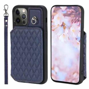 For iPhone 12 / 12 Pro Grid Texture Card Bag Phone Case with Lanyard(Blue)