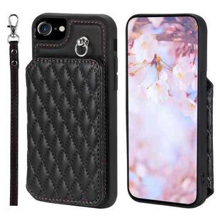 For iPhone SE 2022 / 2020 / 8 / 7 Grid Texture Card Bag Phone Case with Lanyard(Black)