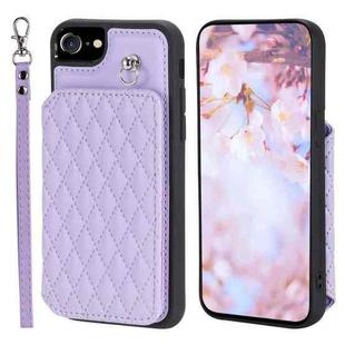 For iPhone SE 2022 / 2020 / 8 / 7 Grid Texture Card Bag Phone Case with Lanyard(Purple)