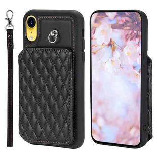 For iPhone XR Grid Texture Card Bag Phone Case with Lanyard(Black)