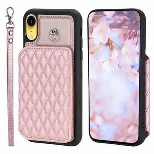 For iPhone XR Grid Texture Card Bag Phone Case with Lanyard(Rose Gold)