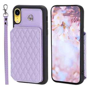 For iPhone XR Grid Texture Card Bag Phone Case with Lanyard(Purple)
