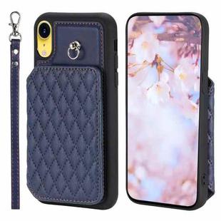 For iPhone XR Grid Texture Card Bag Phone Case with Lanyard(Blue)