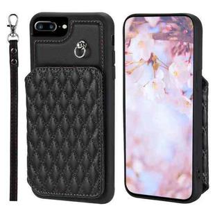For iPhone 8 Plus / 7 Plus Grid Texture Card Bag Phone Case with Lanyard(Black)