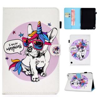 For Amazon Kindle Fire HD 8 (2020) Sewing Thread Horizontal Painted Flat Leather Case with Sleep Function & Pen Cover & Anti Skid Strip & Card Slot & Holder(Unicorn Dog)