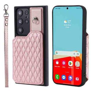 For Samsung Galaxy S23 Ultra 5G Grid Texture Card Bag Phone Case with Lanyard(Rose Gold)