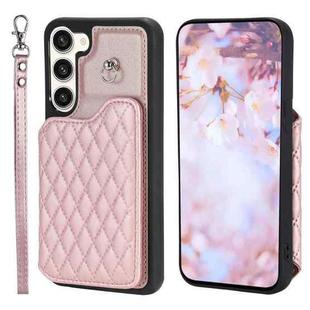 For Samsung Galaxy S23+ 5G Grid Texture Card Bag Phone Case with Lanyard(Rose Gold)