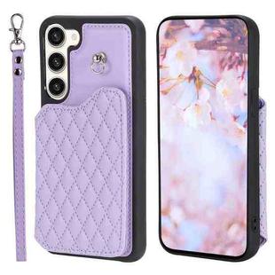 For Samsung Galaxy S23+ 5G Grid Texture Card Bag Phone Case with Lanyard(Purple)