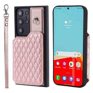 For Samsung Galaxy S22 Ultra 5G Grid Texture Card Bag Phone Case with Lanyard(Rose Gold)