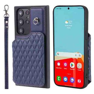 For Samsung Galaxy S22 Ultra 5G Grid Texture Card Bag Phone Case with Lanyard(Blue)