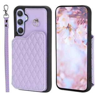 For Samsung Galaxy A14 5G / 4G Grid Texture Card Bag Phone Case with Lanyard(Purple)