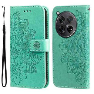 For OnePlus 12R Seven-petal Flowers Embossing Leather Phone Case(Green)