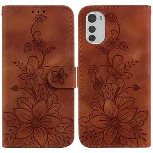 For Motorola Moto E32 Lily Embossed Leather Phone Case(Brown)