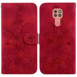 For Motorola Moto G9 Play / E7 Plus Lily Embossed Leather Phone Case(Red)
