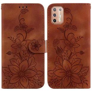 For Motorola Moto G9 Plus Lily Embossed Leather Phone Case(Brown)