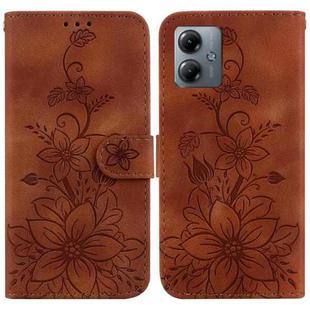 For Motorola Moto G14 Lily Embossed Leather Phone Case(Brown)