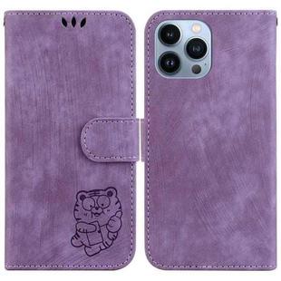 For iPhone 15 Pro Max Little Tiger Embossed Leather Phone Case(Purple)