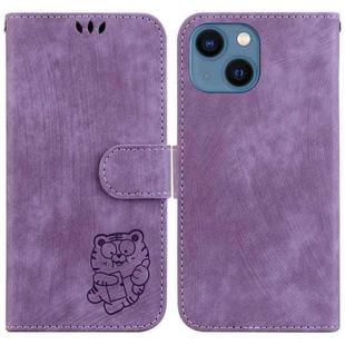 For iPhone 15 Little Tiger Embossed Leather Phone Case(Purple)