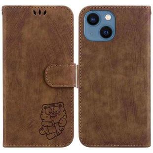 For iPhone 14 Plus Little Tiger Embossed Leather Phone Case(Brown)