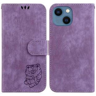 For iPhone 14 Little Tiger Embossed Leather Phone Case(Purple)