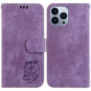 For iPhone 14 Pro Max Little Tiger Embossed Leather Phone Case(Purple)