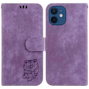 For iPhone 12 / 12 Pro Little Tiger Embossed Leather Phone Case(Purple)