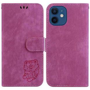 For iPhone 12 mini Little Tiger Embossed Leather Phone Case(Rose Red)