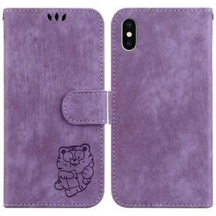 For iPhone XS Max Little Tiger Embossed Leather Phone Case(Purple)