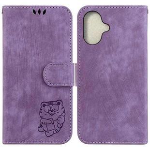 For iPhone 16 Plus Little Tiger Embossed Leather Phone Case(Purple)