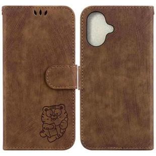 For iPhone 16 Plus Little Tiger Embossed Leather Phone Case(Brown)