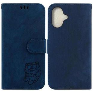For iPhone 16 Little Tiger Embossed Leather Phone Case(Dark Blue)
