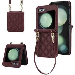 For Samsung Galaxy Z Flip5 Rhombic Texture Phone Case with Long & Short Lanyard(Wine Red)
