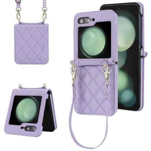 For Samsung Galaxy Z Flip5 Rhombic Texture Phone Case with Long & Short Lanyard(Light Purple)