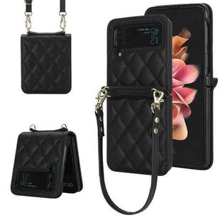 For Samsung Galaxy Z Flip4 Rhombic Texture Phone Case with Long & Short Lanyard(Black)
