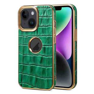 For iPhone 15 Plus Denior Crocodile Texture Genuine Leather Electroplating Phone Case(Green)