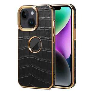 For iPhone 15 Plus Denior Crocodile Texture Genuine Leather Electroplating Phone Case(Black)