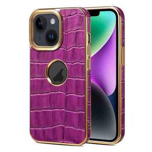 For iPhone 15 Denior Crocodile Texture Genuine Leather Electroplating Phone Case(Purple)