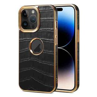 For iPhone 14 Pro Denior Crocodile Texture Genuine Leather Electroplating Phone Case(Black)