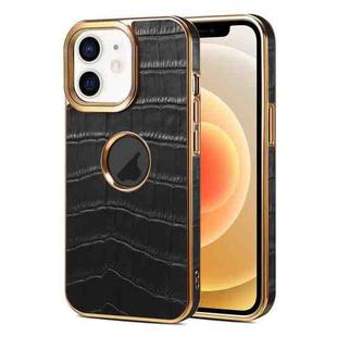 For iPhone 12 / 12 Pro Denior Crocodile Texture Genuine Leather Electroplating Phone Case(Black)