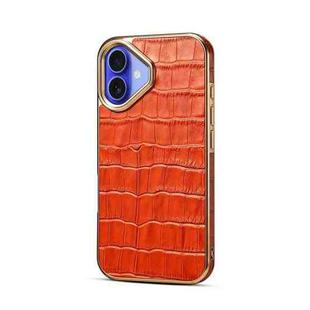 For iPhone 16 Plus Denior Crocodile Texture Genuine Leather Electroplating Phone Case(Mocha Brown)