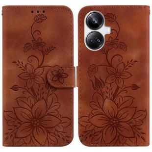 For Realme 10 Pro+ Lily Embossed Leather Phone Case(Brown)