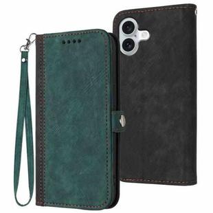 For iPhone 16 Plus Side Buckle Double Fold Hand Strap Leather Phone Case(Dark Green)