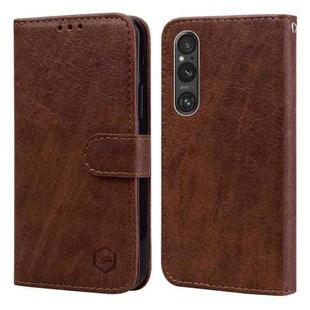 For Sony Xperia 1 V 2023 Skin Feeling Oil Leather Texture PU + TPU Phone Case(Brown)