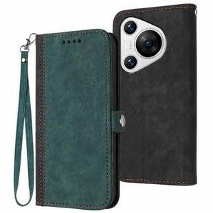 For Huawei Pura 70 Side Buckle Double Fold Hand Strap Leather Phone Case(Dark Green)