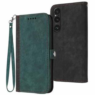 For Sony Xperia 1 V 2023 Side Buckle Double Fold Hand Strap Leather Phone Case(Dark Green)