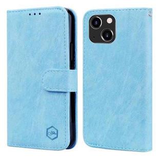 For iPhone 14 Plus Skin Feeling Oil Leather Texture PU + TPU Phone Case(Light Blue)