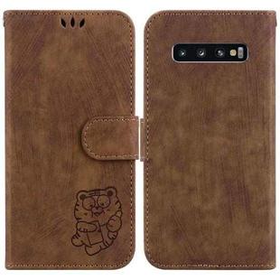 For Samsung Galaxy S10+ Little Tiger Embossed Leather Phone Case(Brown)