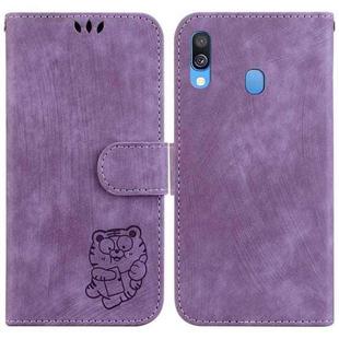 For Samsung Galaxy A40 Little Tiger Embossed Leather Phone Case(Purple)