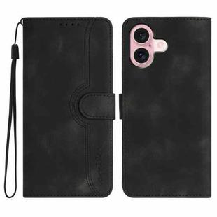 For iPhone 16 Heart Pattern Skin Feel Leather Phone Case(Black)