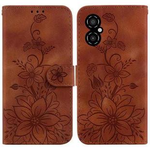 For Xiaomi Poco M4 5G Lily Embossed Leather Phone Case(Brown)